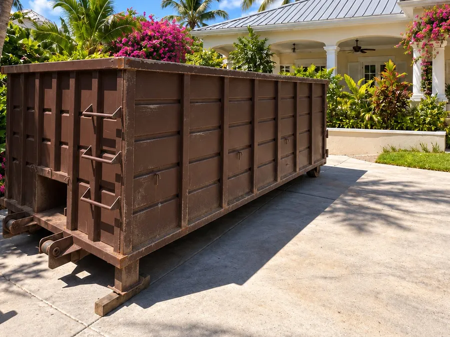 Island Sanitation Plus roll-off dumpster bin placed on a tropical residential driveway